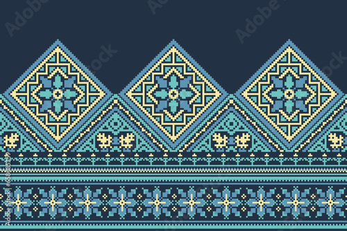 flower embroidery on blue background. ikat and cross stitch geometric seamless pattern ethnic oriental traditional. Aztec style illustration design for carpet, wallpaper, clothing, wrapping, batik.	
