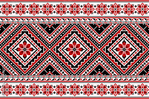 flower embroidery on white background. ikat and cross stitch geometric seamless pattern ethnic oriental traditional. Aztec style illustration design for carpet, wallpaper, clothing, wrapping, batik.	