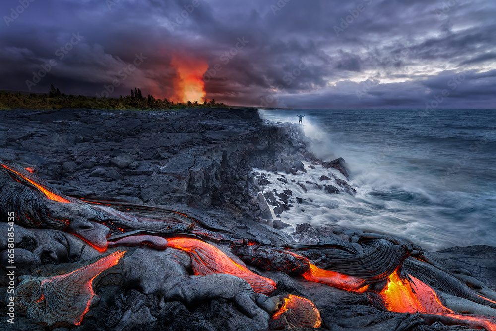 Close-up of lava flowing from a rock column and pours into a volcanic landscape. Lava flow at Kalapana beach after sunset with an explosive eruption of the Kilauea volcano at Big Island Hawaii Islans - obrazy, fototapety, plakaty 