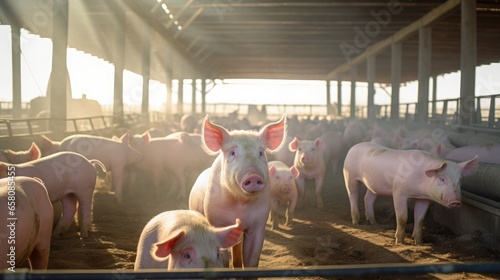 many domestic pigs in a farm, natural sunlight