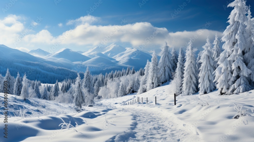 Snow-covered mountain landscape with pine trees , illustrator image, HD
