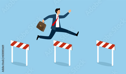 Businessman jump over hurdles. Overcoming obstacles to reach goals. Business challenges concept.