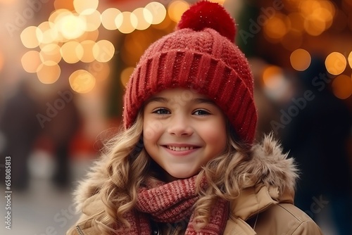 Portrait of cute little girl with red hat and scarf on Christmas market
