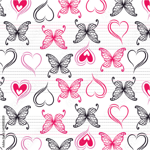 Butterflies and beautiful hearts on dashed lines