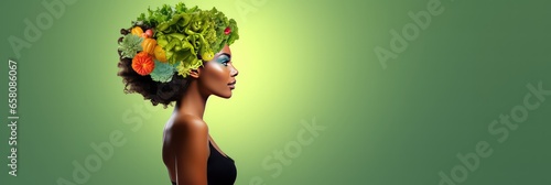 Green background of a woman with vegetalbes in her hair, banner voor vegan day or vegetarian week photo