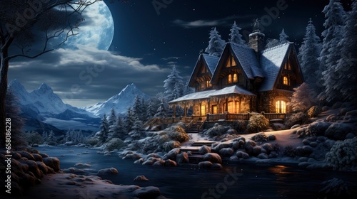 Snowy Forest Retreat with cozy log cabin Starlit , illustrator image, HD © NIA4u