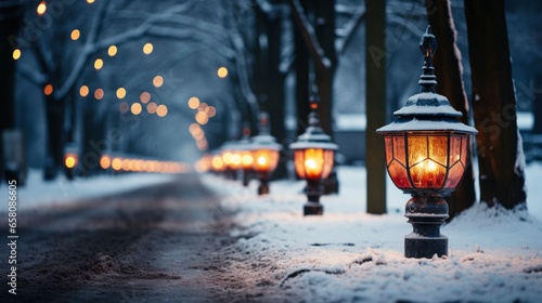 Snowy tree-lined street with vintage lampposts Winter, illustrator image, HD
