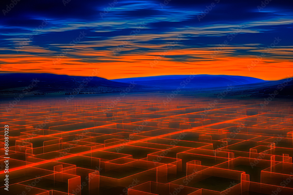 Fototapeta premium Breathtaking sunset illuminating surreal, geometric landscape in a dreamlike digital creation.