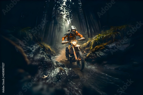 Many professional motorcyclists in full motorcycle equipment ride a crows enduro bike on a mountain road at sunset. The concept of motorsport, speed, hobbies, travel, outdoor activities. photo