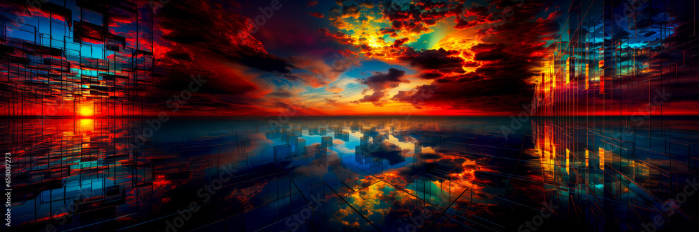 Fototapeta premium Spectacular sunset illuminating a surreal, geometric landscape under a vibrant sky.