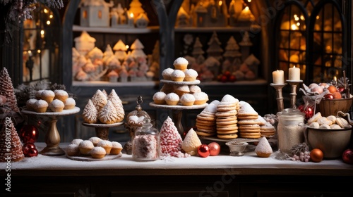 Winter Bakery with gingerbread cookies Snowy bakery, illustrator image, HD