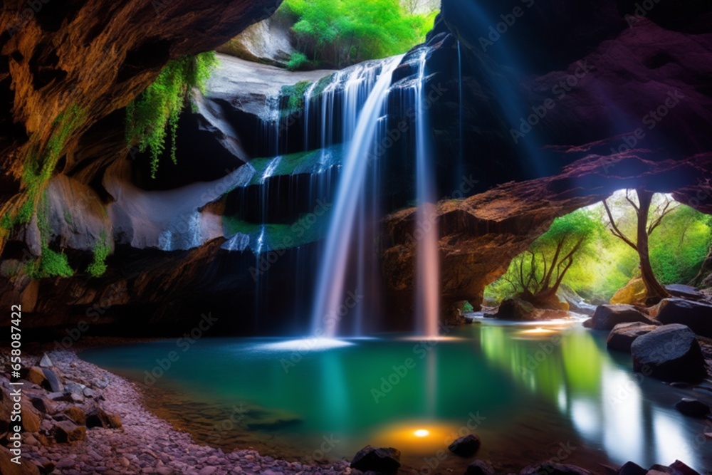 waterfall in the cave in forest and sunlight coming from a hole, waterfall background, waterfall wallpaper, tropical waterfall, waterfall wildlife