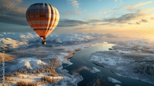 Winter hot air balloon ride Snowy landscape , illustrator image, HD