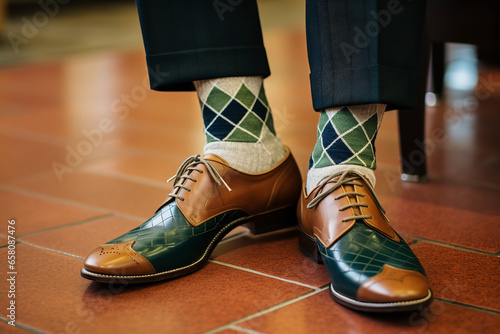 A close-up of argyle socks paired with brown leather loafers, showcasing a classic style in menswear fashion