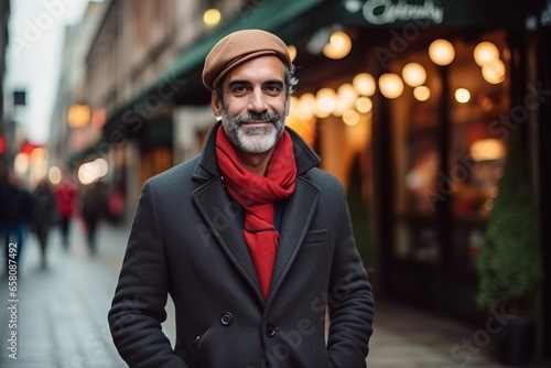 Portrait of a handsome middle-aged man wearing a hat, coat and red scarf in the city.
