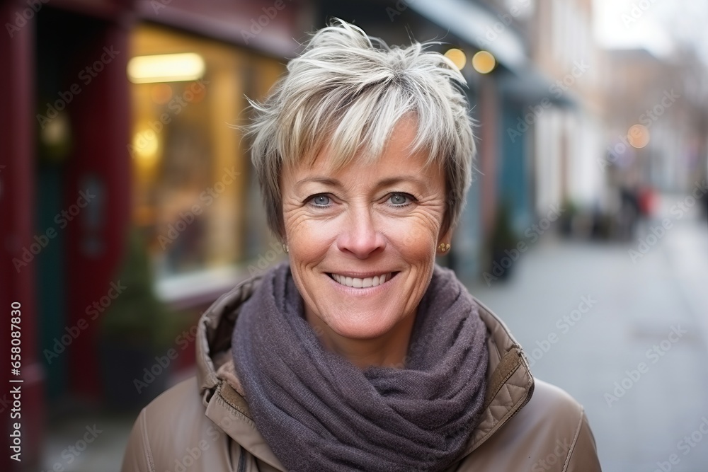 Portrait of a smiling middle aged woman in a city street. Portrait of a smiling middle aged woman in a city street.