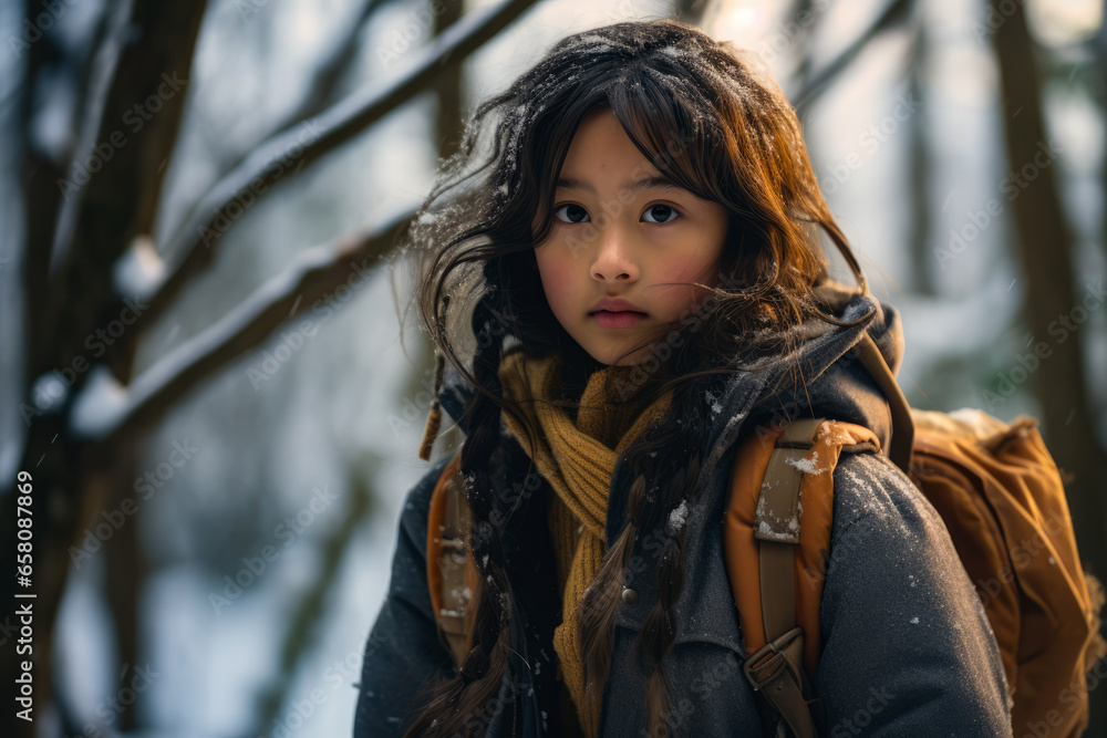 Multiethnic girl enjoying autumn in the woods on a snowy day Multiethnic girl enjoying autumn in the woods on a snowy day