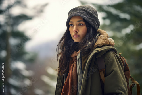 Multiethnic girl enjoying autumn in the woods on a snowy day