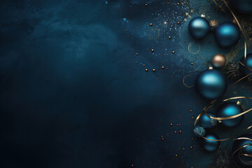 Dark blue Christmas decoration balls on dark background. Merry christmas and happy new year greeting card with copy space for text.