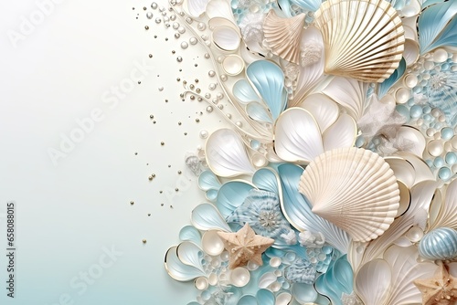 Background of seashells in a marine style, sea patterns and sea-colored corals.