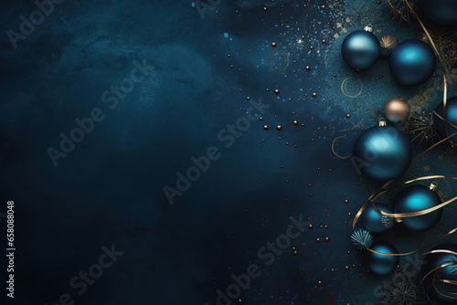 Dark blue Christmas decoration balls on dark background. Merry christmas and happy new year greeting card with copy space for text.
