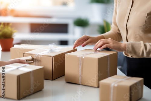 Closeup hand of business woman owner happy with shipping package at home office packaging box on background.ecommerce logistics,Online sale.