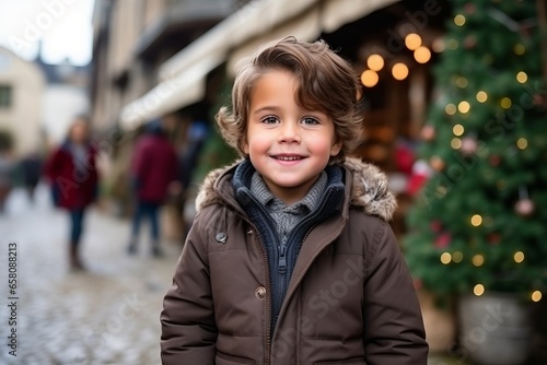 Adorable little boy on Christmas market in Paris, France. Happy child looking at camera.
