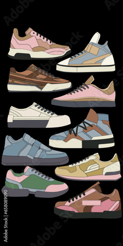 Set of shoes sneaker drawing vector, Sneakers drawn in a sketch style, bundling sneakers trainers template, vector Illustration. 