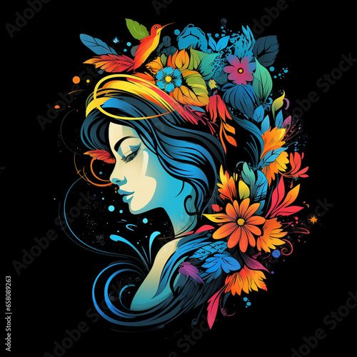 2D abstract feather graffiti beauty girls head surrounder by colorful trophical plants photo