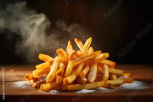 French fries on wooden table , smoke ,Generative AI. photo