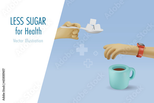 Low sugar, eat less sweet for health. Hand with stop gesture refuse to add sugar cube in coffee cup. Healthy dieting and nourishment concept. Vector.