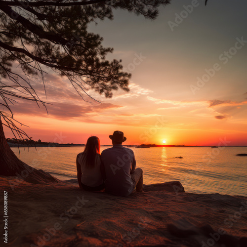 romantic man and woman sit on beach at sunset.