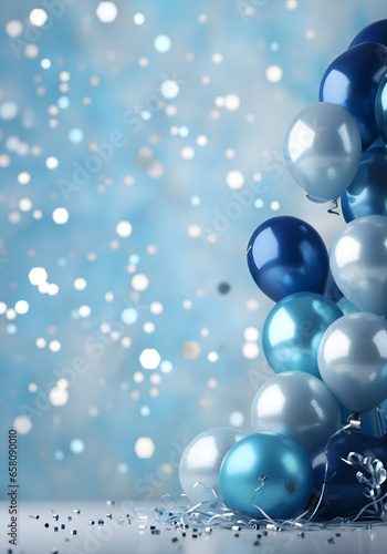 Silvesterhintergrund, Partystimmung mit blauen und silbernen Farben und Luftballons, vertikaler Banner, erstellt mit generativer KI photo