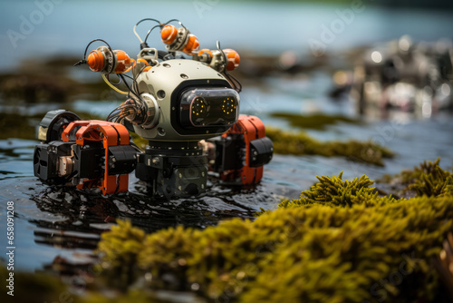 A close-up of a robot's sensors and cameras ready to monitor and protect marine habitats 
