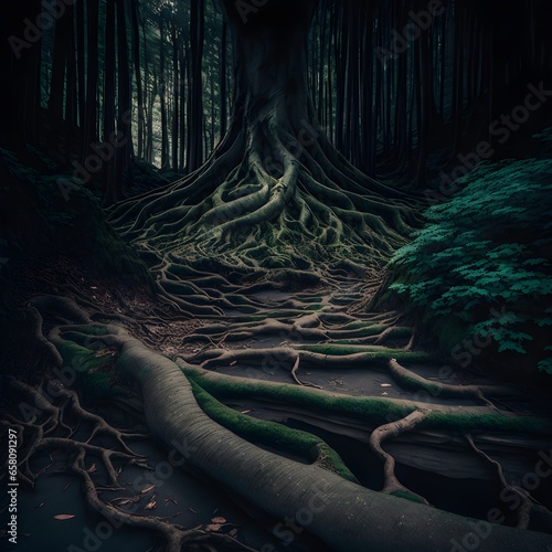 a haunted japanese forest with twsited tree roots covering tthe ground 200mm lens cinematograph  photo
