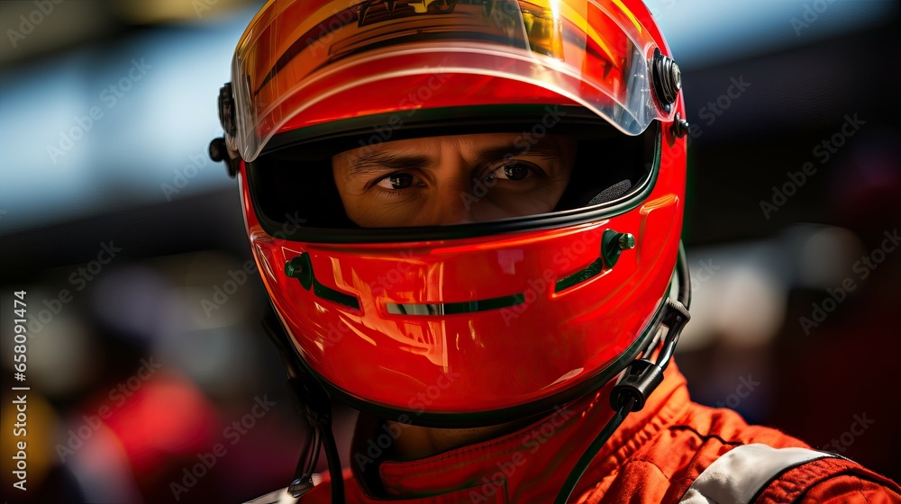Motor sports competitive racing. Confident F1 driver, pilot of sport car, bolide wearing helmet. Generative AI illustration. Concept of competition, road, race, rally, speed, extreme, auto. Motor sports competitive racing. Confident F1 driver, pilot of sport car, bolide wearing helmet. Generative AI illustration. Concept of competition, road, race, rally, speed, extreme, auto.