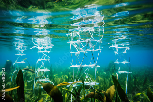 An underwater shot of 3D printed structures aiding the regrowth of seagrass capturing hope for marine restoration  photo