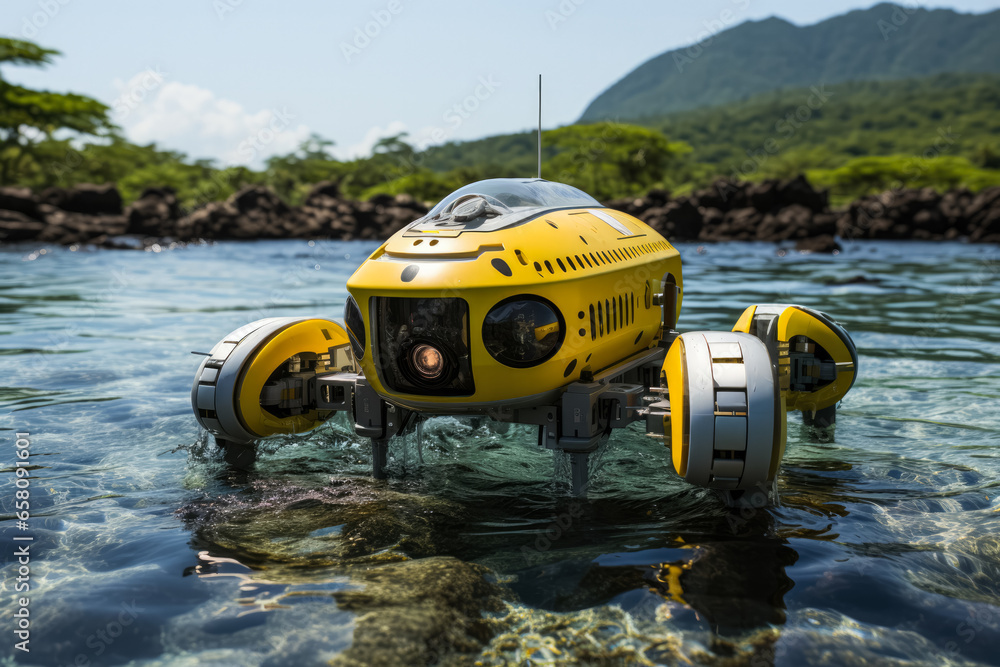 A robotic patrol unit cruising through a marine protected area ensuring the safety of the residing endangered species A robotic patrol unit cruising through a marine protected area ensuring the safety of the residing endangered species