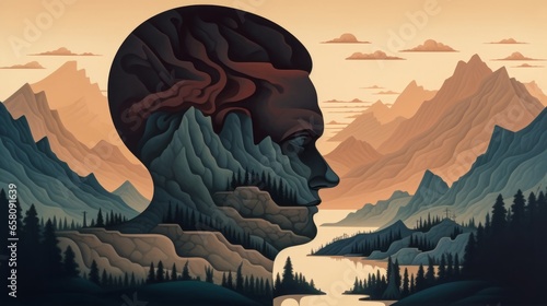 A mountainous landscape within the silhouette of a head, denoting the peaks and valleys of mental states