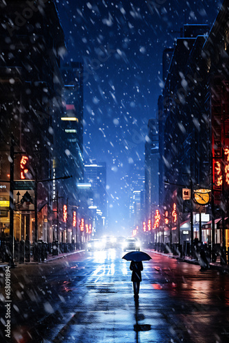 people walking on the street at night in winter
