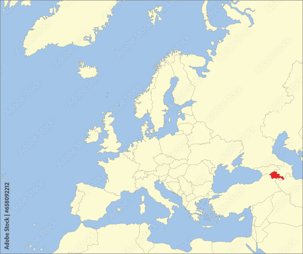 Obraz premium Red CMYK national map of ARMENIA inside detailed beige blank political map of European continent on blue background using Mollweide projection