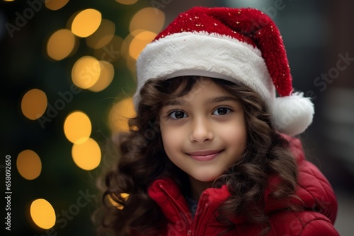 Portrait of a beautiful little girl in a red jacket and a Santa Claus hat