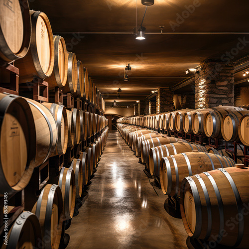 rows of barrels of wine in winery basement.