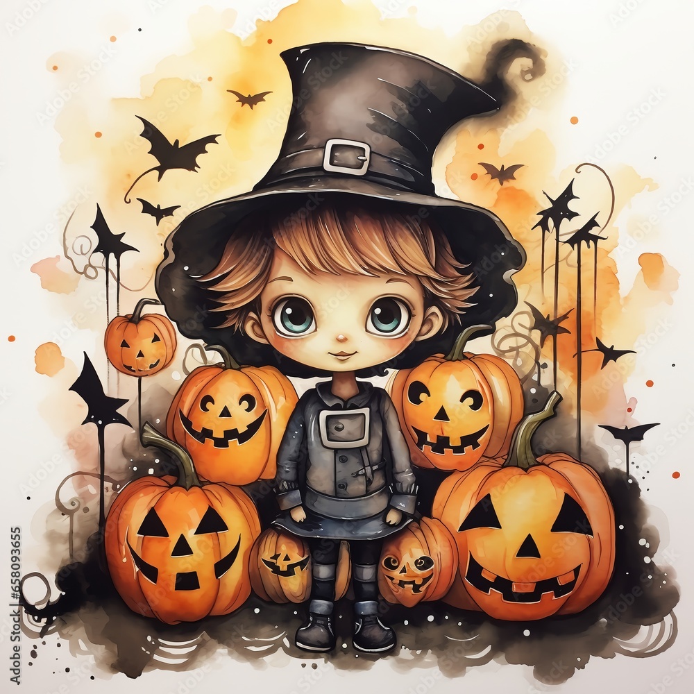 Cartoon Halloween boy standing among pumpkins. Watercolor illustration. AI Generated. Cartoon Halloween boy standing among pumpkins. Watercolor illustration. AI Generated.