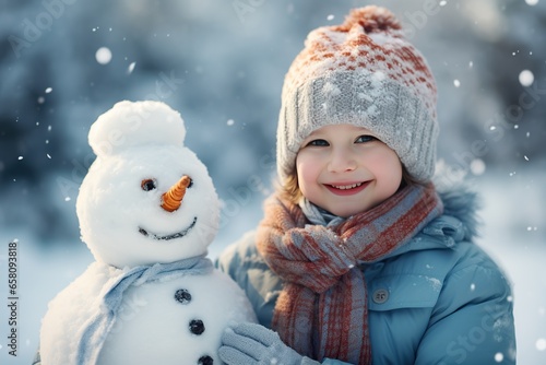 Cheerful snowman in winter garden photo background.
