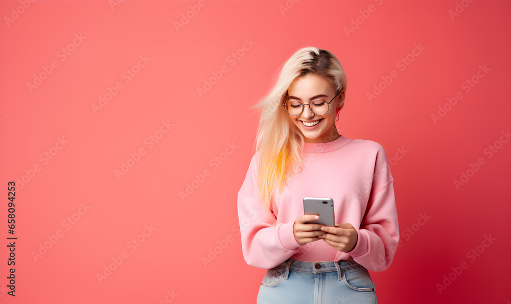 jeune femme souriante qui regarde son smartphone sur un fond uni jeune femme souriante qui regarde son smartphone sur un fond uni