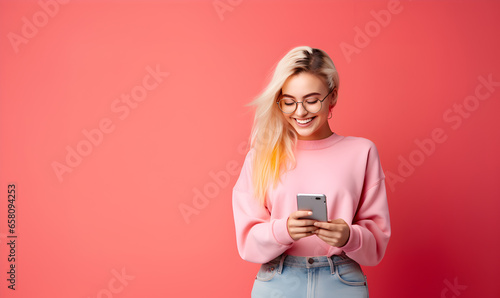 jeune femme souriante qui regarde son smartphone sur un fond uni