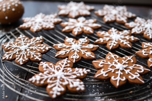 christmas-themed gingerbread cookies on a cooling rack