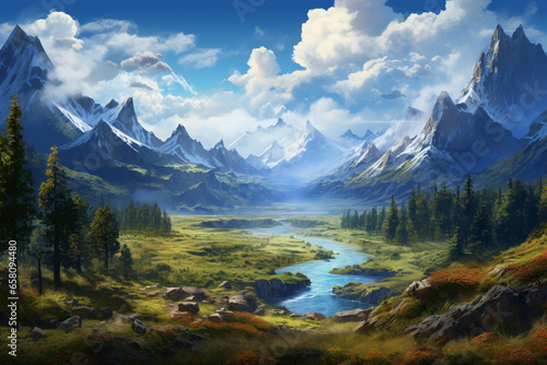 A Journey Through Nature  A Vibrant Colorful  Panoramic Painting of a Majestic Mountainous Landscape with a River  Wallpaper 
