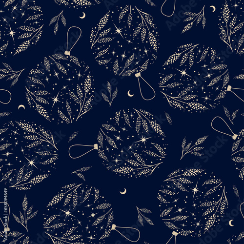 Christmas seamless pattern with christmas balls on dark background. Background for wrapping paper, fabric print, greeting cards. Winter Holiday design.